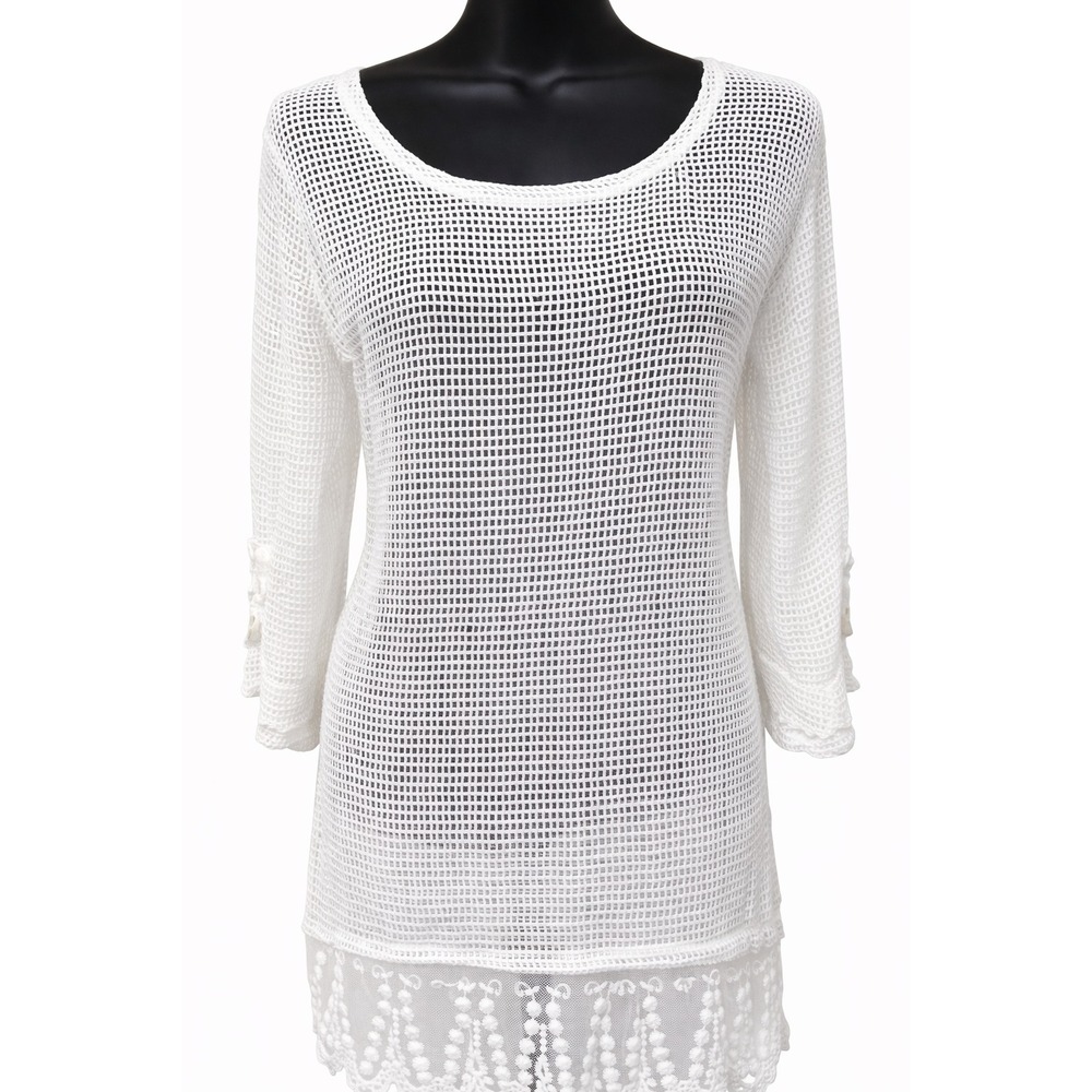 LeModa Womens Swimsuit Beach Cover Up Tunic Large White Mesh Lace Trim